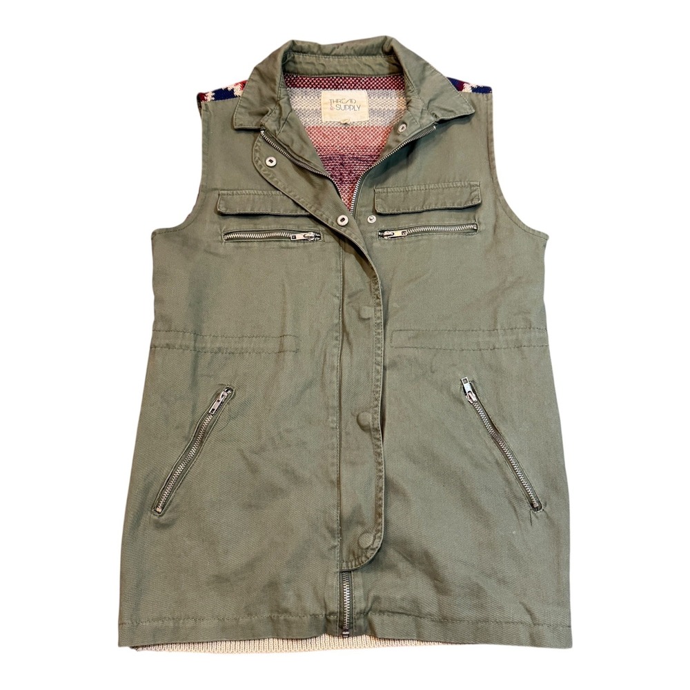 Thread Supply Womens Vest S Aztec Knit Olive‎ Green Sleeveless Pockets Boho